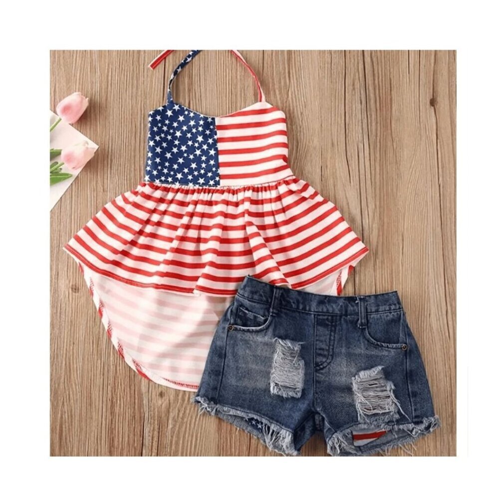 2pc Patriotic Girls Asymmetrical Halter Dress with Blue Jean Shorts Size 1-2Y-6Y